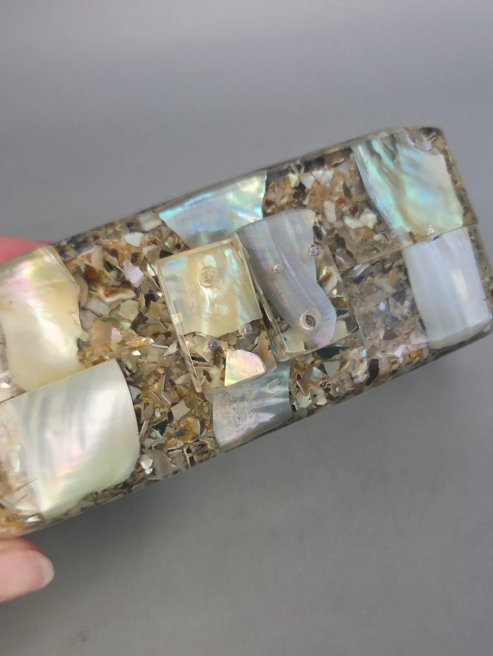 Vintage mother-of-pearl and abalone shell mosaic acrylic/lucite evening clutch